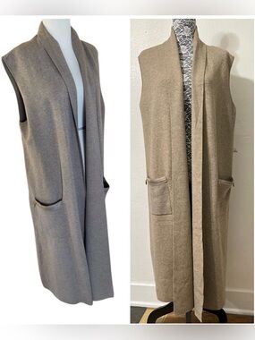 NEW Magaschoni Long Sleeveless Open-Front Vest Taupe Knit Viscose pockets w/zip